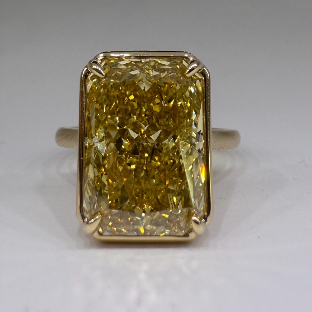 7.05 carat fancy vivid yellow VS2 radiant lab grown diamond engagement ring